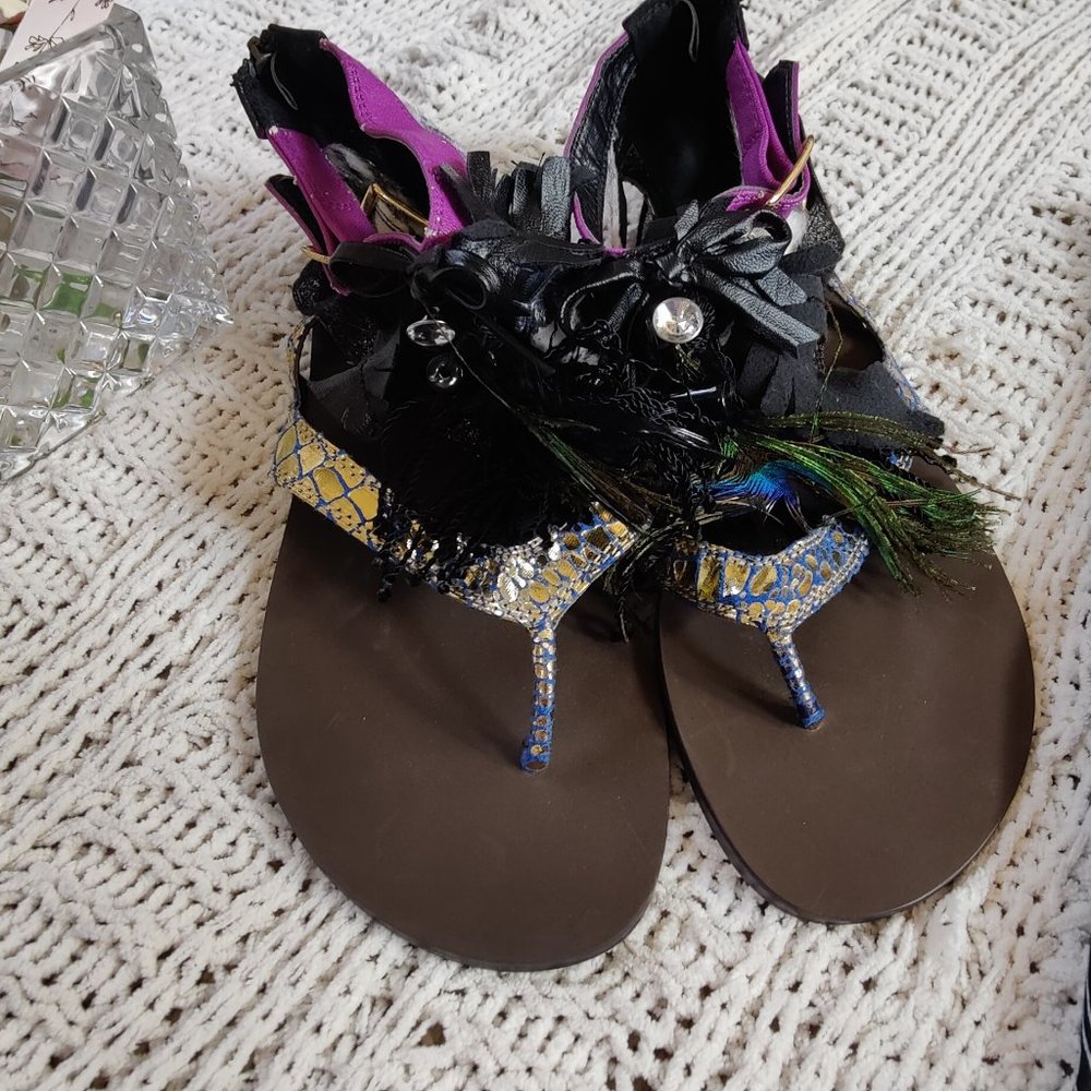 Multi Color Feather Summer Thong Zip Up Sandle